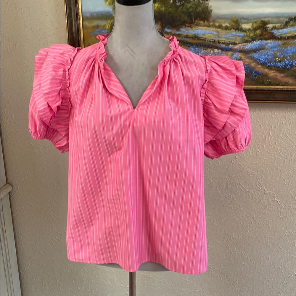 Elegant Pink Striped Blouse with Ruffled Sleeves